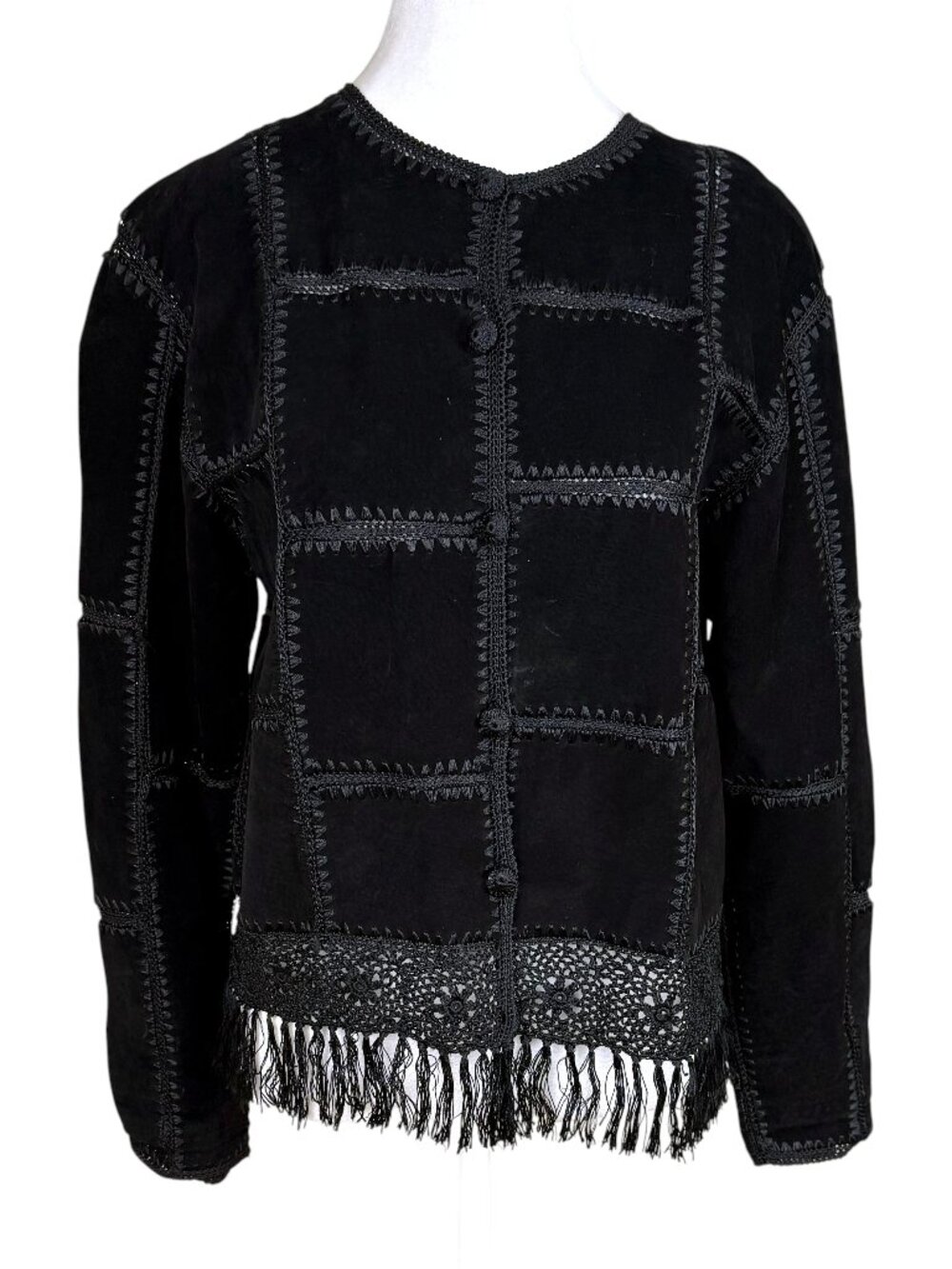 Vintage Suede Jacket Black Leather Tonal Patchwork Knit Trim Fringe (M)